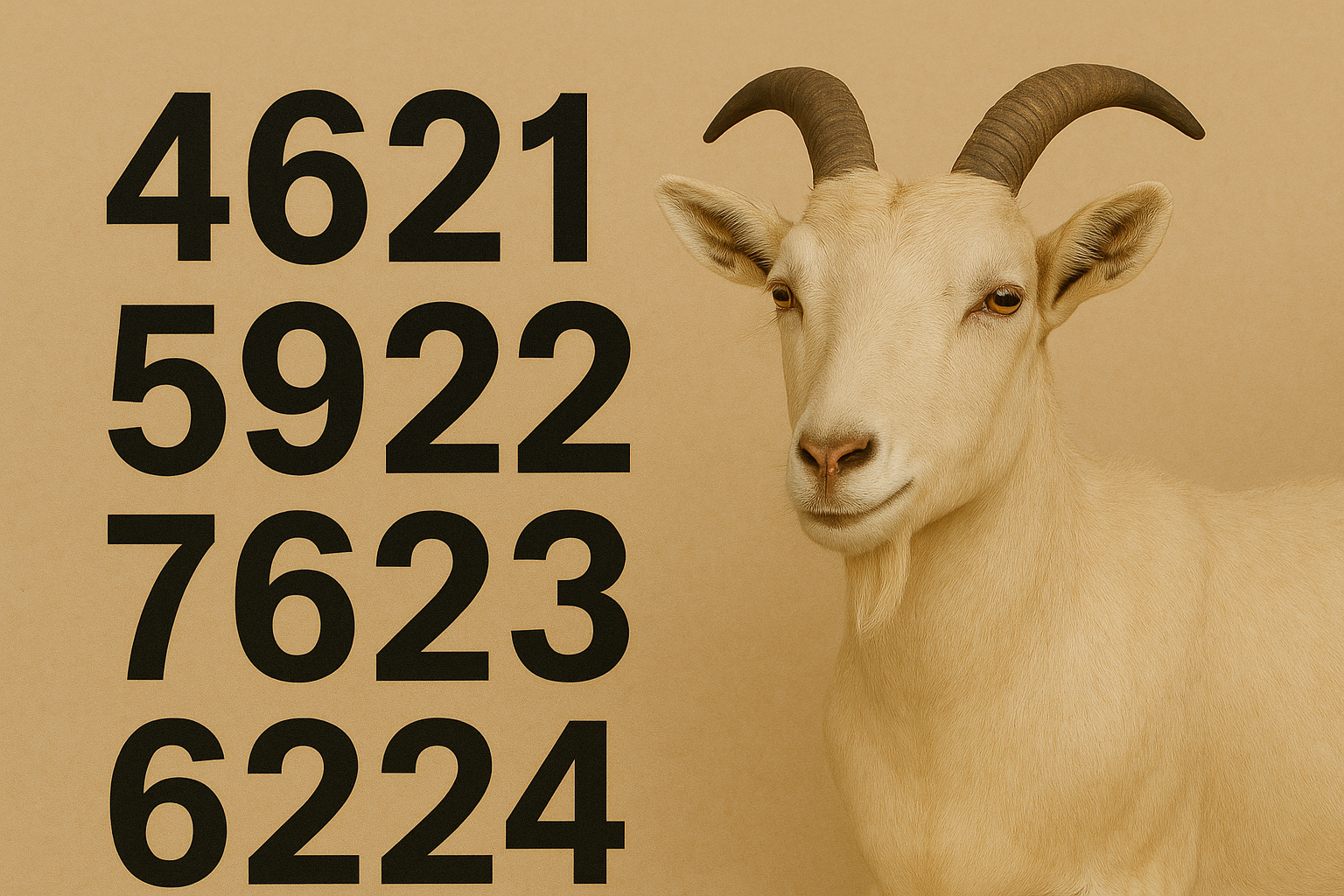 “Imagem ilustrativa do Palpites do Kaledri com uma cabra ao lado direito e as milhares 4621, 5922, 7623 e 6224 destacadas à esquerda em fonte grande, simbolizando os palpites do Jogo do Bicho. Fundo neutro com design no estilo visual do Kaledri.”