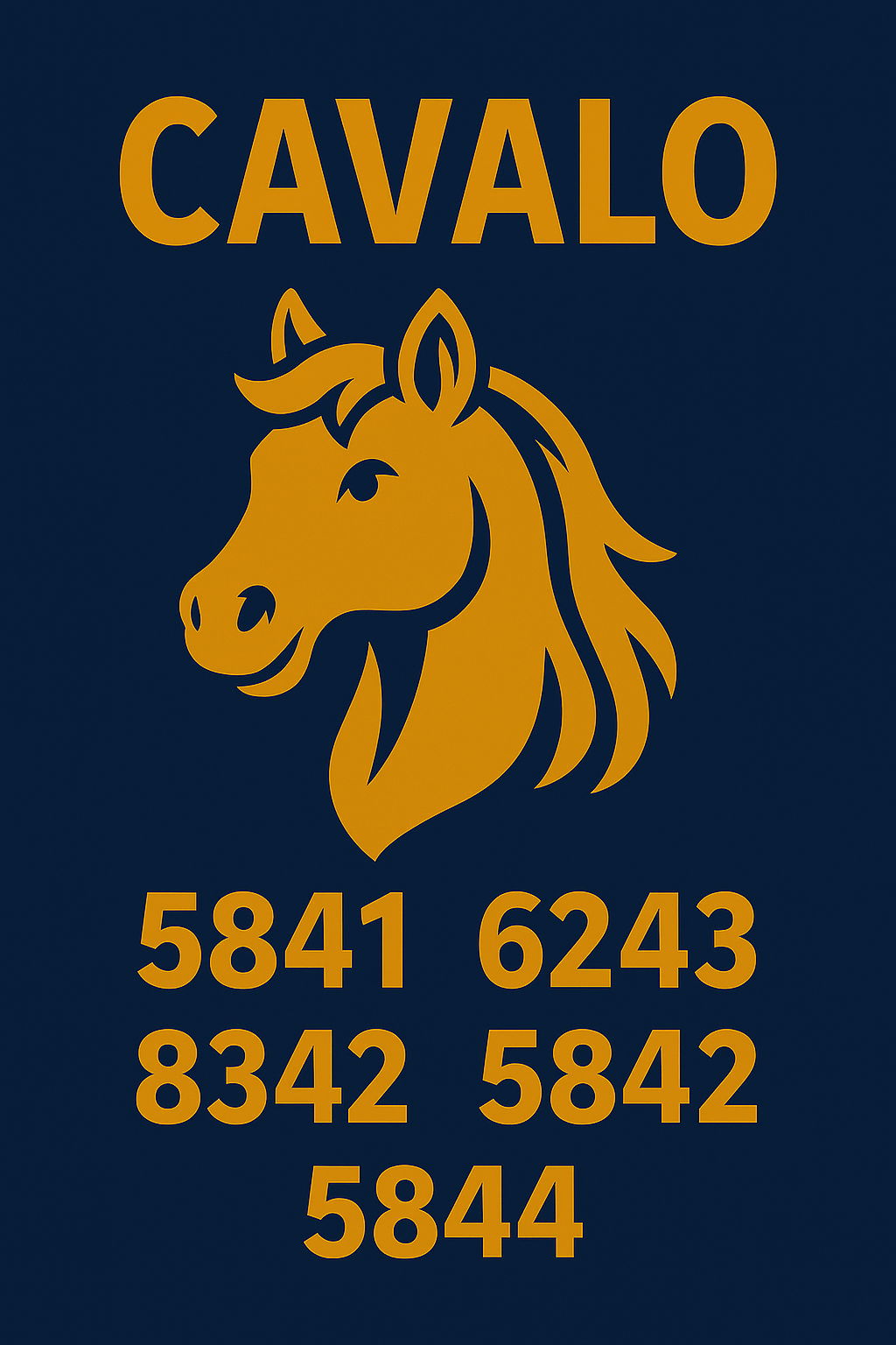 “Imagem de um cavalo estilizado em fundo azul-escuro, com o título ‘Cavalo’ e as milhares 5841, 6243, 8342 e 5844 no padrão visual dos palpites do Kaledri.”