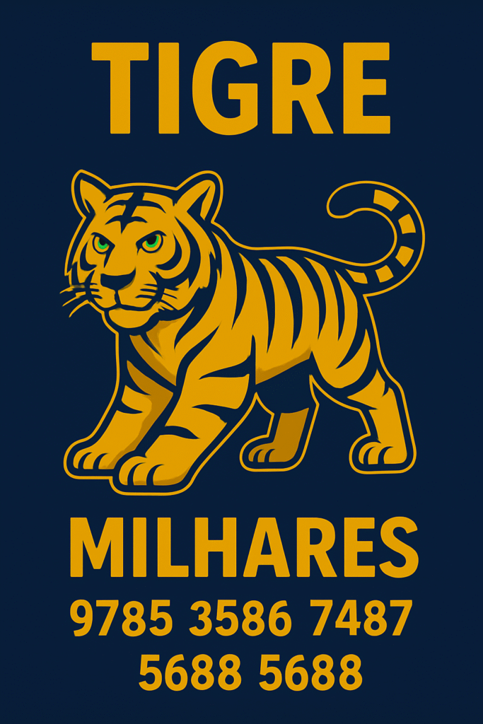 Imagem de um tigre estilizado em fundo azul-escuro com o título ‘Tigre’ e as milhares 9785, 3586, 7487 e 5688 no padrão visual dos palpites do Kaledri