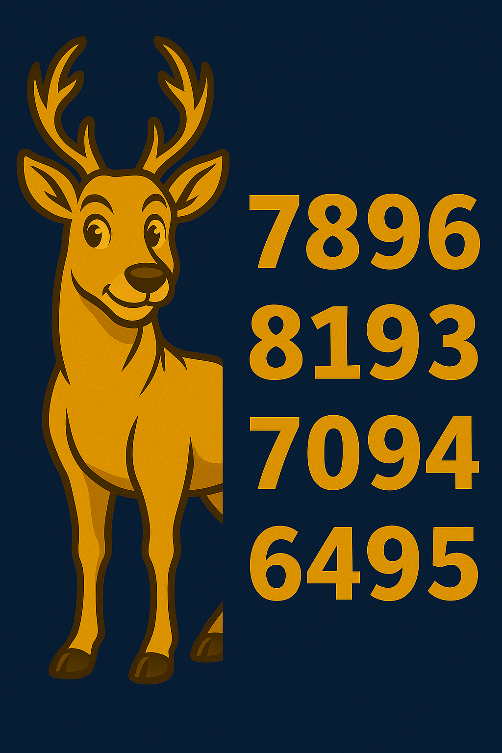 Imagem de um veado estilizado em fundo azul-escuro com o título ‘Veado’ e as milhares 7896, 8193, 7094 e 6495, no padrão visual dos palpites do Kaledri.