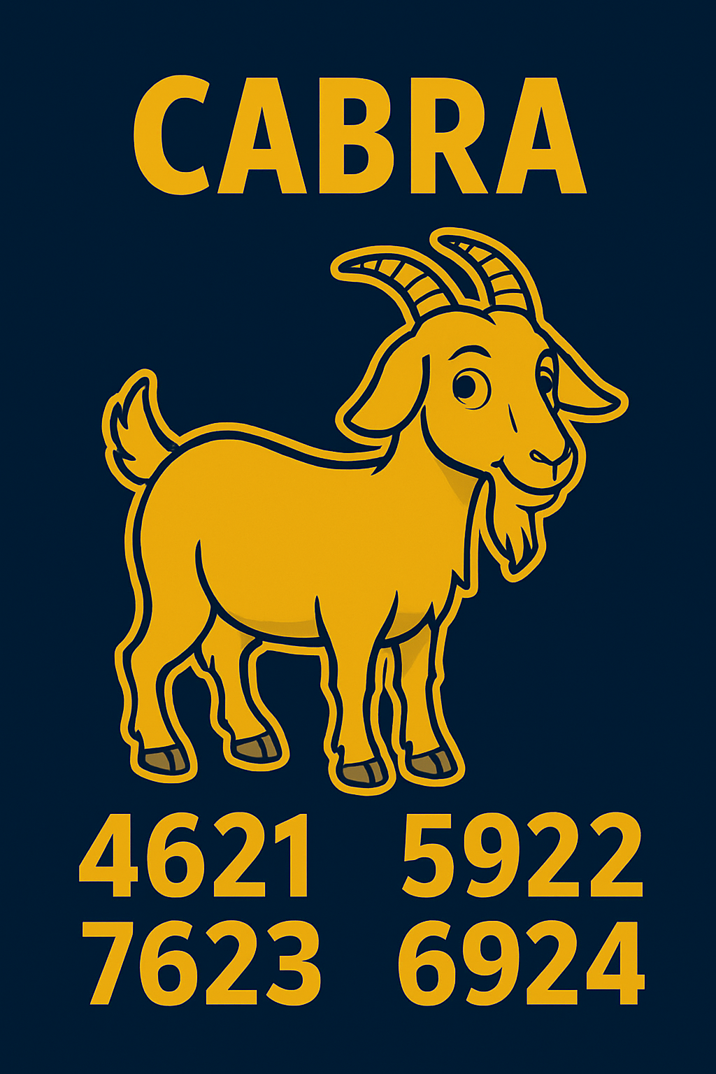 Imagem de uma cabra estilizada em fundo azul-escuro com o texto ‘Cabra’ e as milhares 4621, 5922, 7623 e 6924, no estilo visual dos palpites do Kaledri.”