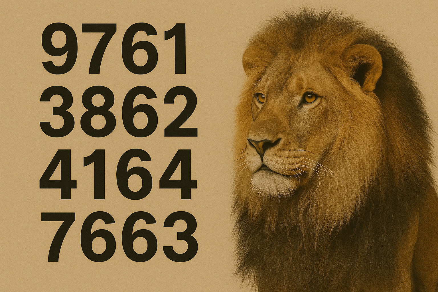 “Imagem do Palpites do Kaledri com um leão imponente do lado direito e as milhares 9761, 3862, 4164 e 7663 em destaque à esquerda, representando os palpites do Jogo do Bicho. Fundo neutro e estilo visual elegante da identidade Kaledri.”