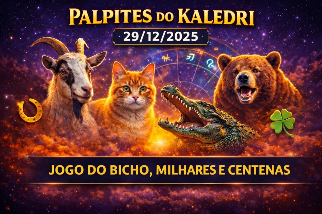 Palpites do Kaledri 29/12/2025 com os bichos cabra, gato, jacaré e urso no jogo do bicho