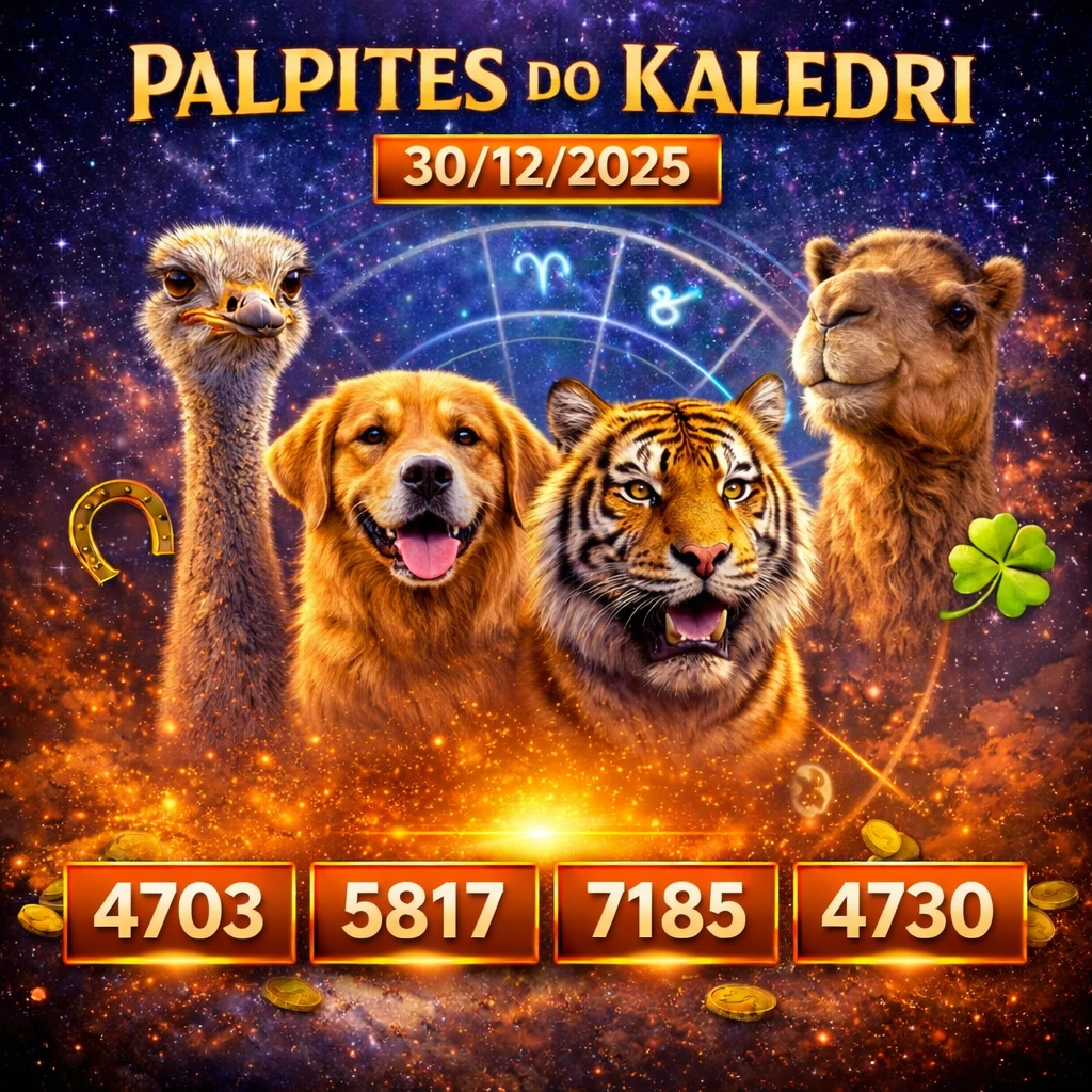 Palpites do Kaledri 30/12/2025 com os bichos avestruz, cachorro, tigre e camelo no jogo do bicho