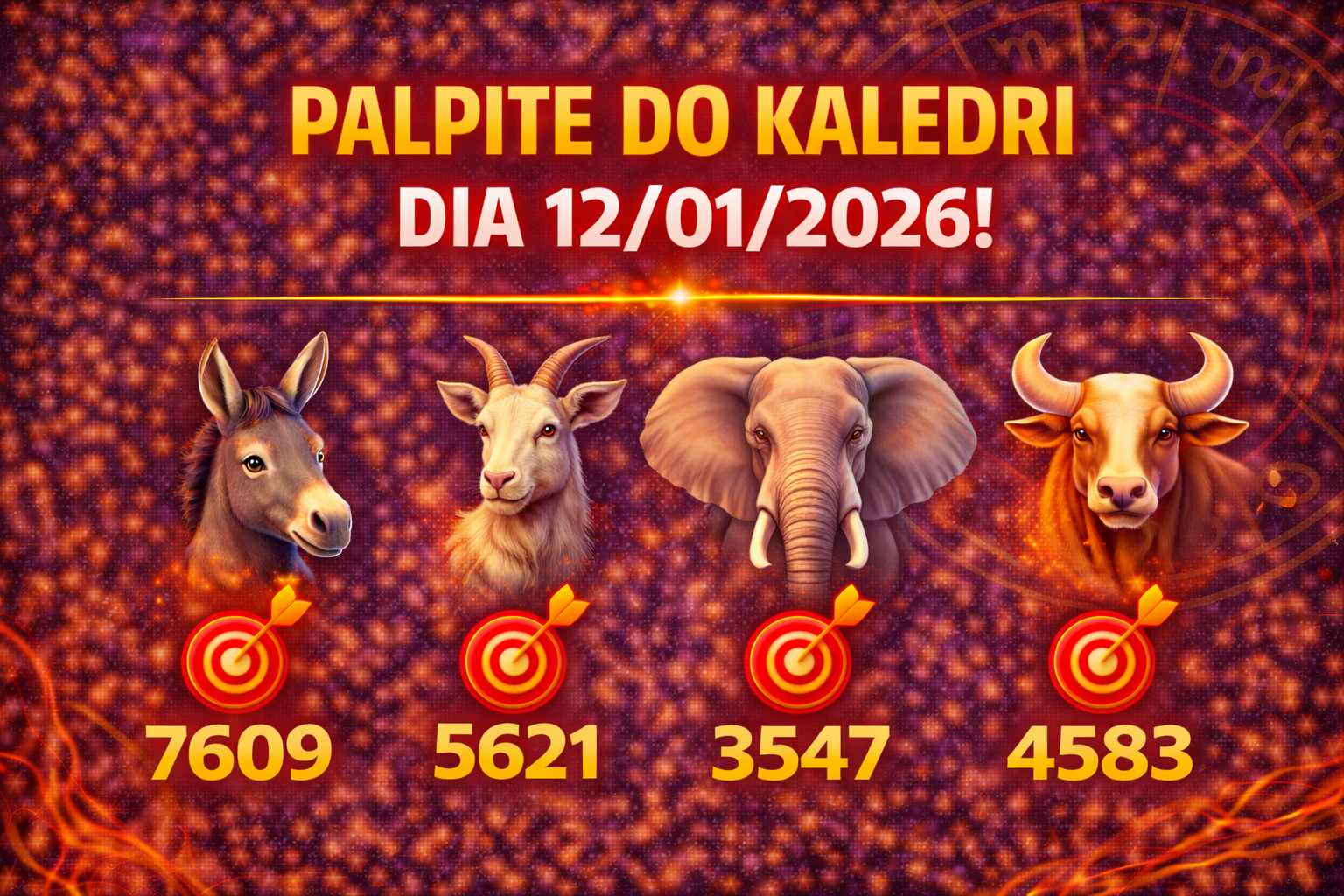 Palpite do Kaledri 12/01/2026 com bichos burro, cabra, elefante e touro e milhares 7609 5621 3547 4583