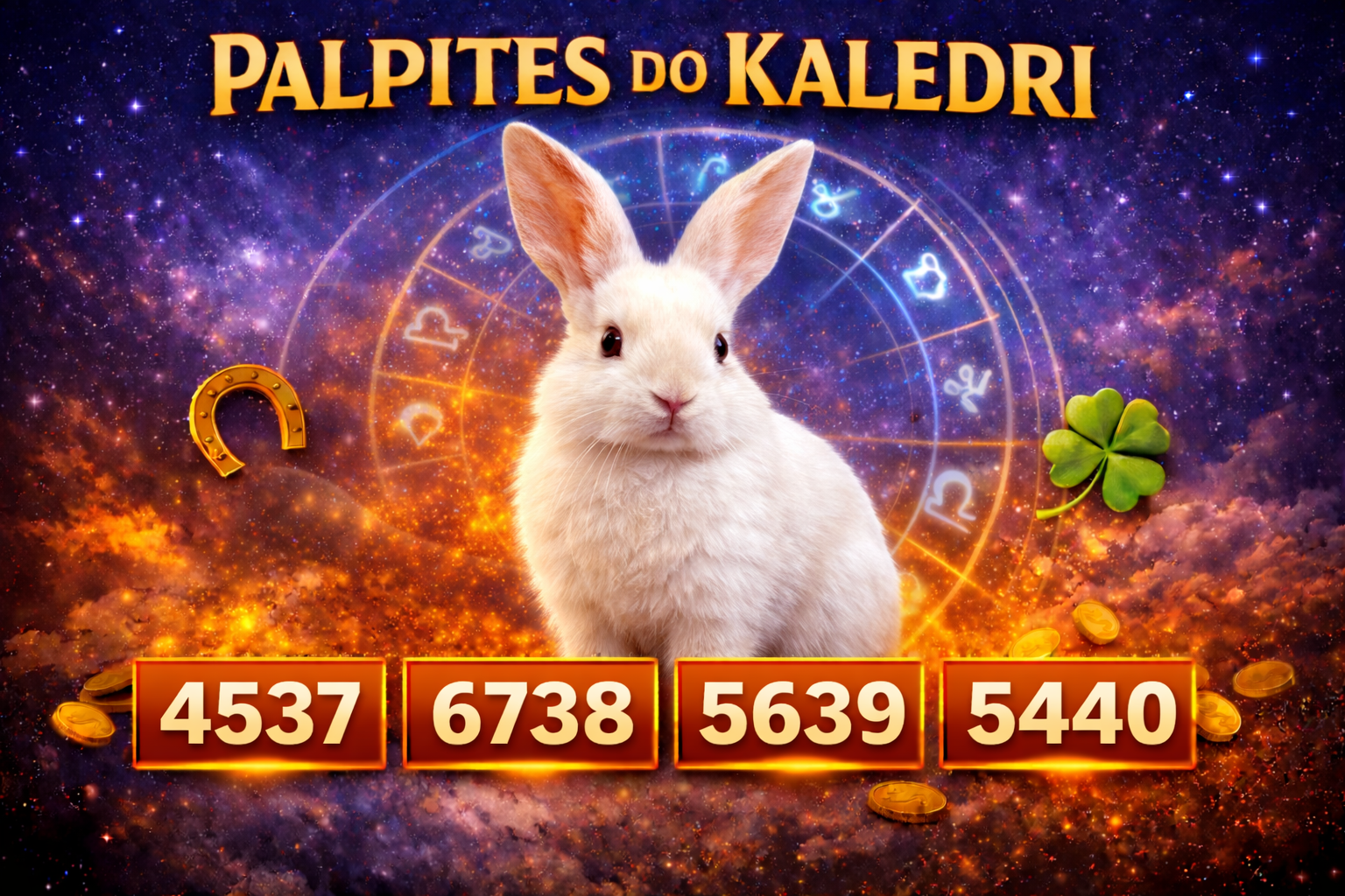 Palpites do Kaledri 03/01/2026 | Palpites e Sorte do Dia 4 Palpites do Kaledri com coelho da sorte e milhares 4537, 6738, 5639 e 5440 em fundo astrológico
