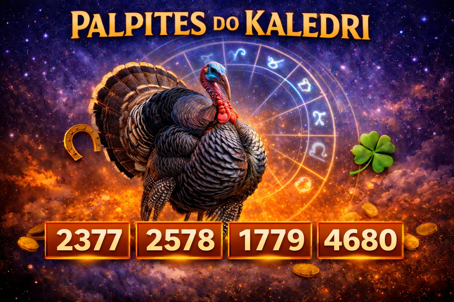 Imagem do Peru com milhares 2377, 2578, 1779 e 4680 no Palpites do Kaledri, fundo astral com símbolos do zodíaco e elementos de sorte.