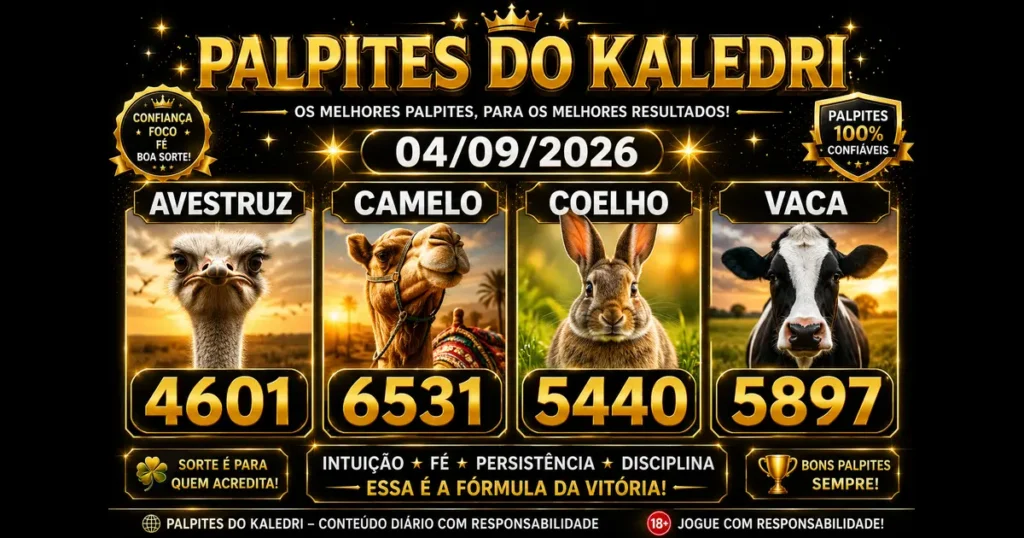 Palpites do Kaledri 04/09/2026 com Avestruz, Camelo, Coelho e Vaca