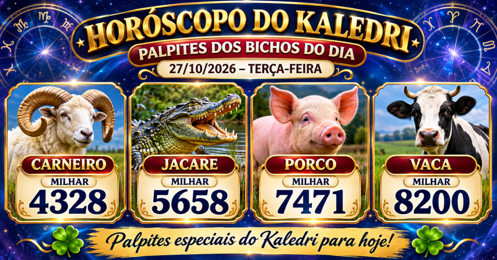 Palpites do Kaledri 27/10/2026 com Carneiro 4328, Jacaré 5658, Porco 7471 e Vaca 8200