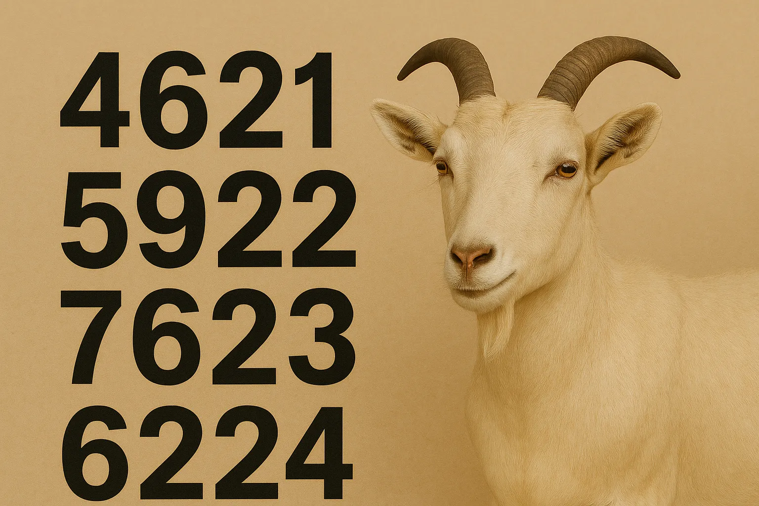 “Imagem ilustrativa do Palpites do Kaledri com uma cabra ao lado direito e as milhares 4621, 5922, 7623 e 6224 destacadas à esquerda em fonte grande, simbolizando os palpites do Jogo do Bicho. Fundo neutro com design no estilo visual do Kaledri.”