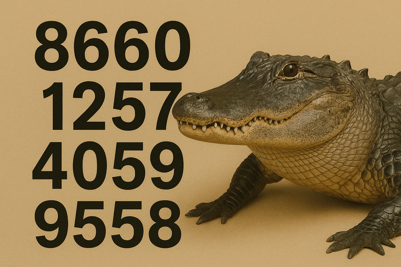 “Imagem do Palpites do Kaledri com um jacaré posicionado à direita e as milhares 8660, 1257, 4059 e 9558 à esquerda em tipografia marcante, representando os palpites do Jogo do Bicho. Fundo claro e visual característico da marca Kaledri.”