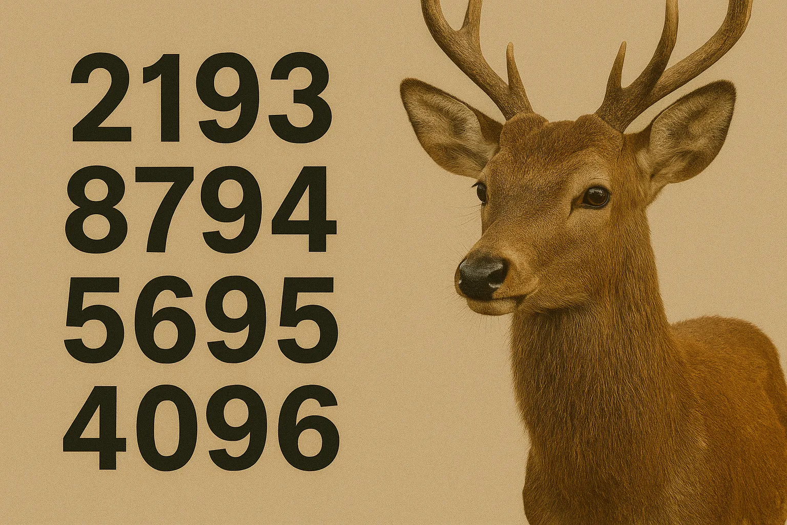 “Imagem ilustrativa do Palpites do Kaledri com um veado ao lado direito e as milhares 2193, 8794, 5695 e 4096 destacadas à esquerda em fonte grande, representando os palpites do Jogo do Bicho do dia. Fundo neutro e estilo visual característico do Kaledri.”